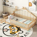 Twin House Shaped Bedside Floor Bed With Guardrails, Slats, With Door,Natural Twin Natural American Design Pine