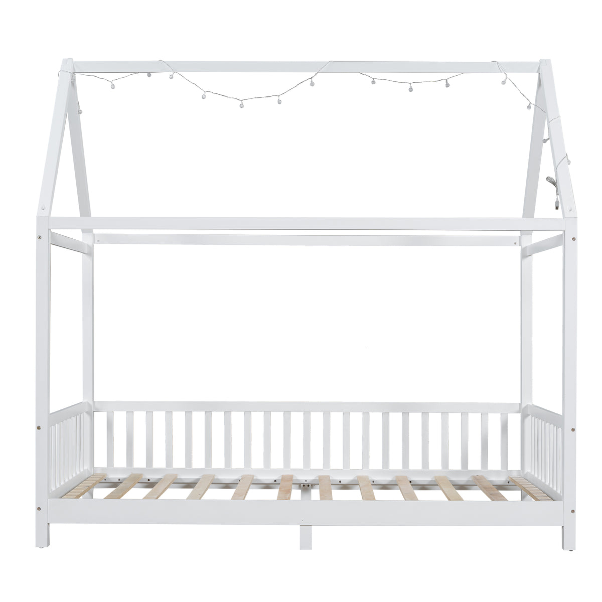 Wood Twin Size House Bed With Guardrail And Led, White Box Spring Not Required Twin White Wood Bedroom Solid Wood Mdf