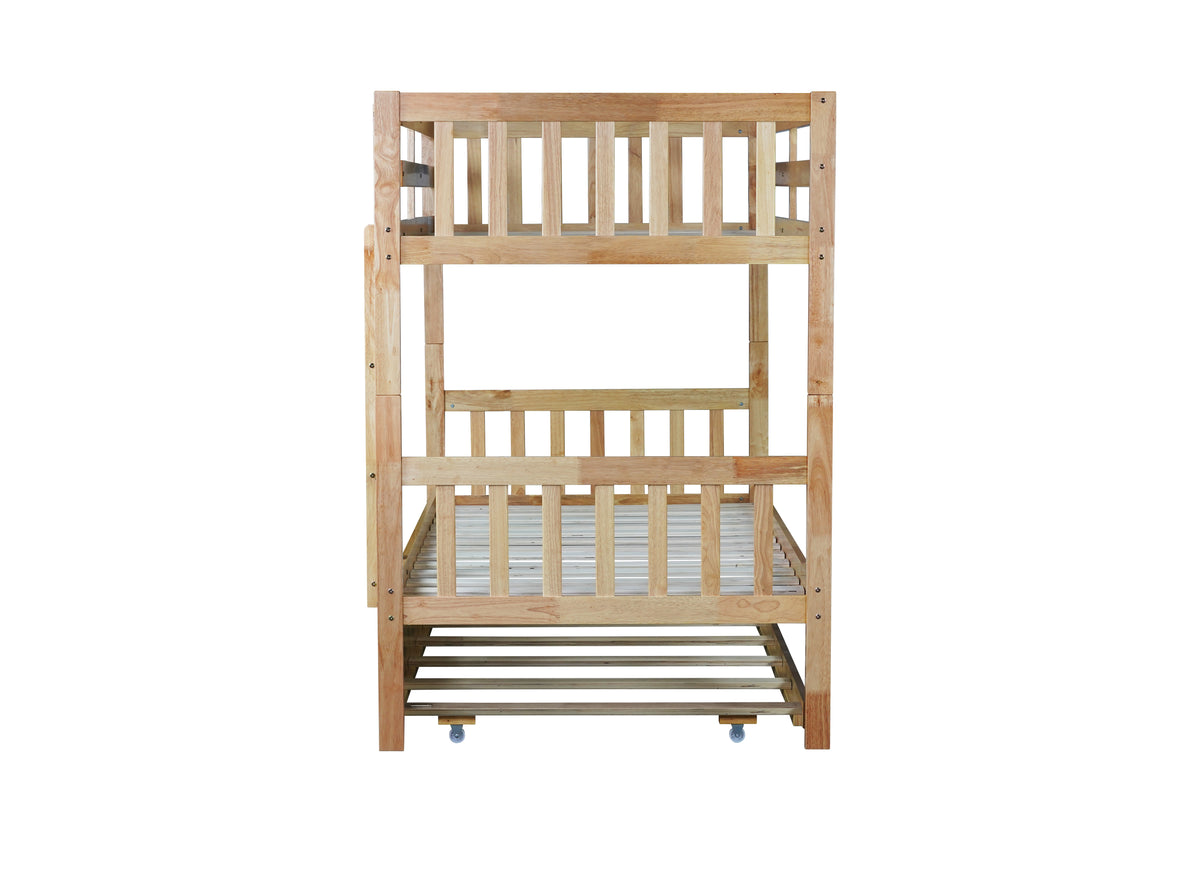Twin Over Twin Rubber Wood Bunk Bed With Trundle, Convertible Into 2 Twin Size Beds, Twin Size Bunk Bed With Ladder And Safety Guardrails,Natural Twin Natural Rubber Wood