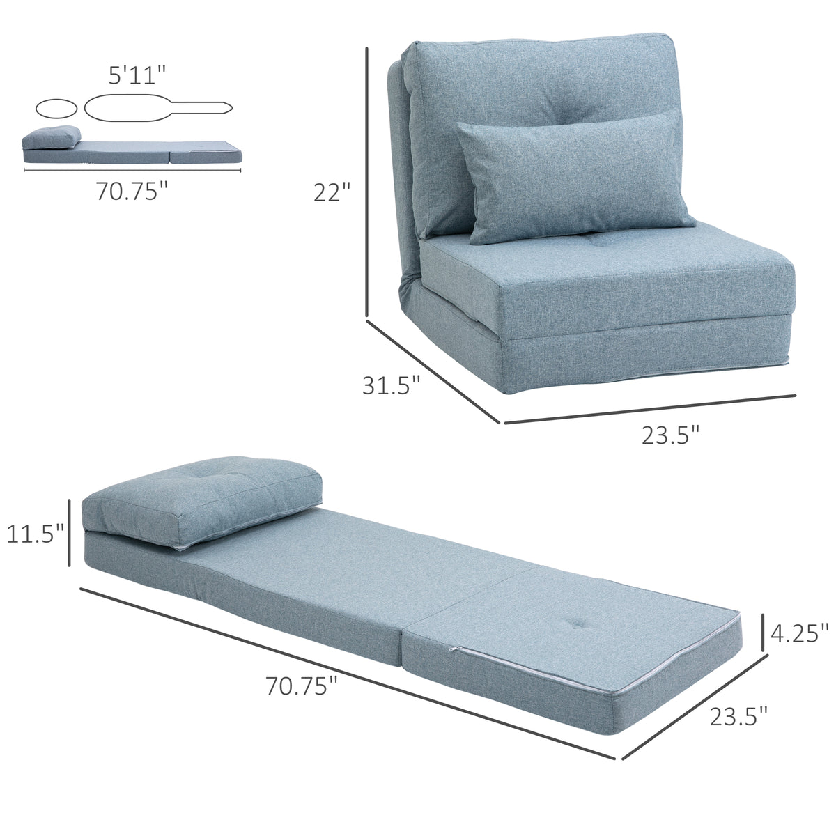 Homcom Convertible Flip Chair, Floor Lazy Sofa, Folding Upholstered Couch Bed With Adjustable Backrest, Metal Frame And Pillows For Living Room Bedroom, Blue Blue Steel