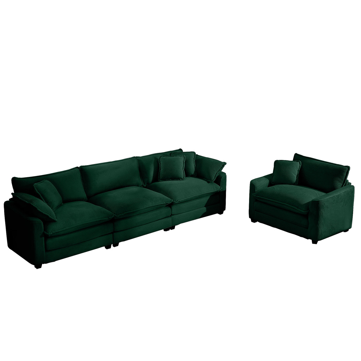 Mid Century Modern Sectional Set Of Two, One 3 Seater Sectional And One Single Seater Sectional With 2 Arm Pillows And 4 Throw Pillows, Living Room Sectional Green Corduroy Fabric Green Corduroy 3 Seat