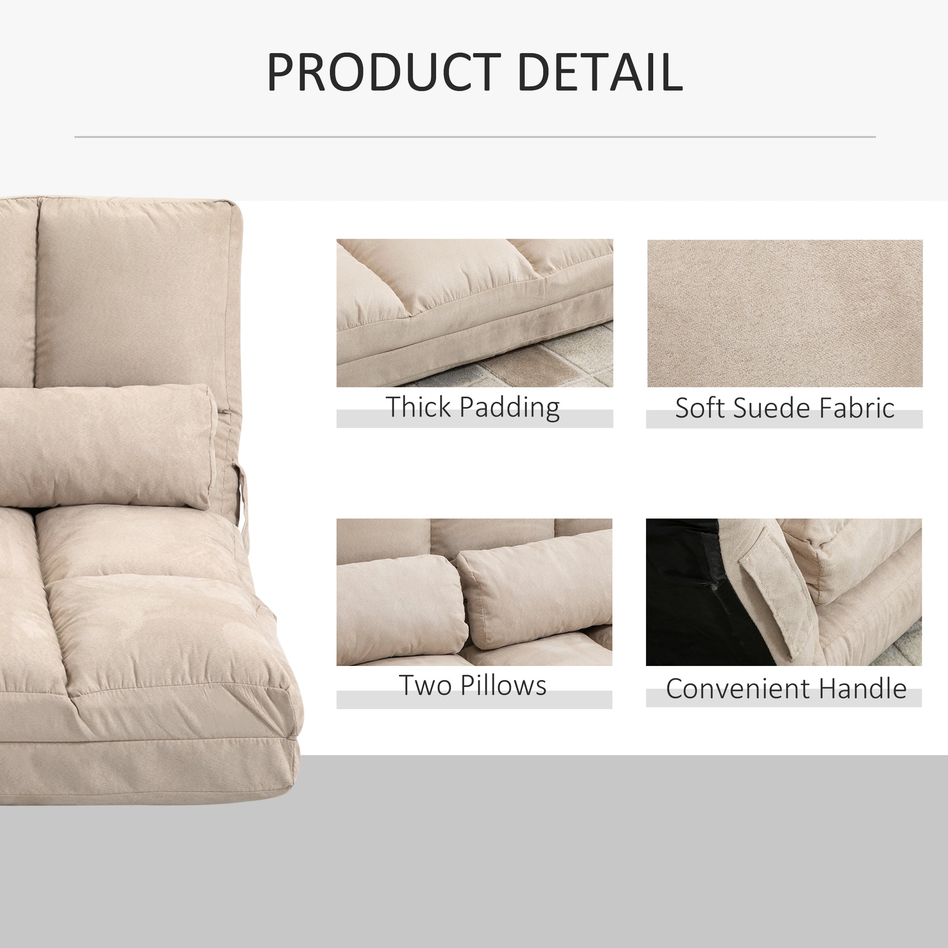Homcom Convertible Floor Sofa Chair, Folding Couch Bed, Guest Chaise Lounge With 2 Pillows, Adjustable Backrest And Headrest, 40.25" L, Beige Beige Polyester 2 Seat