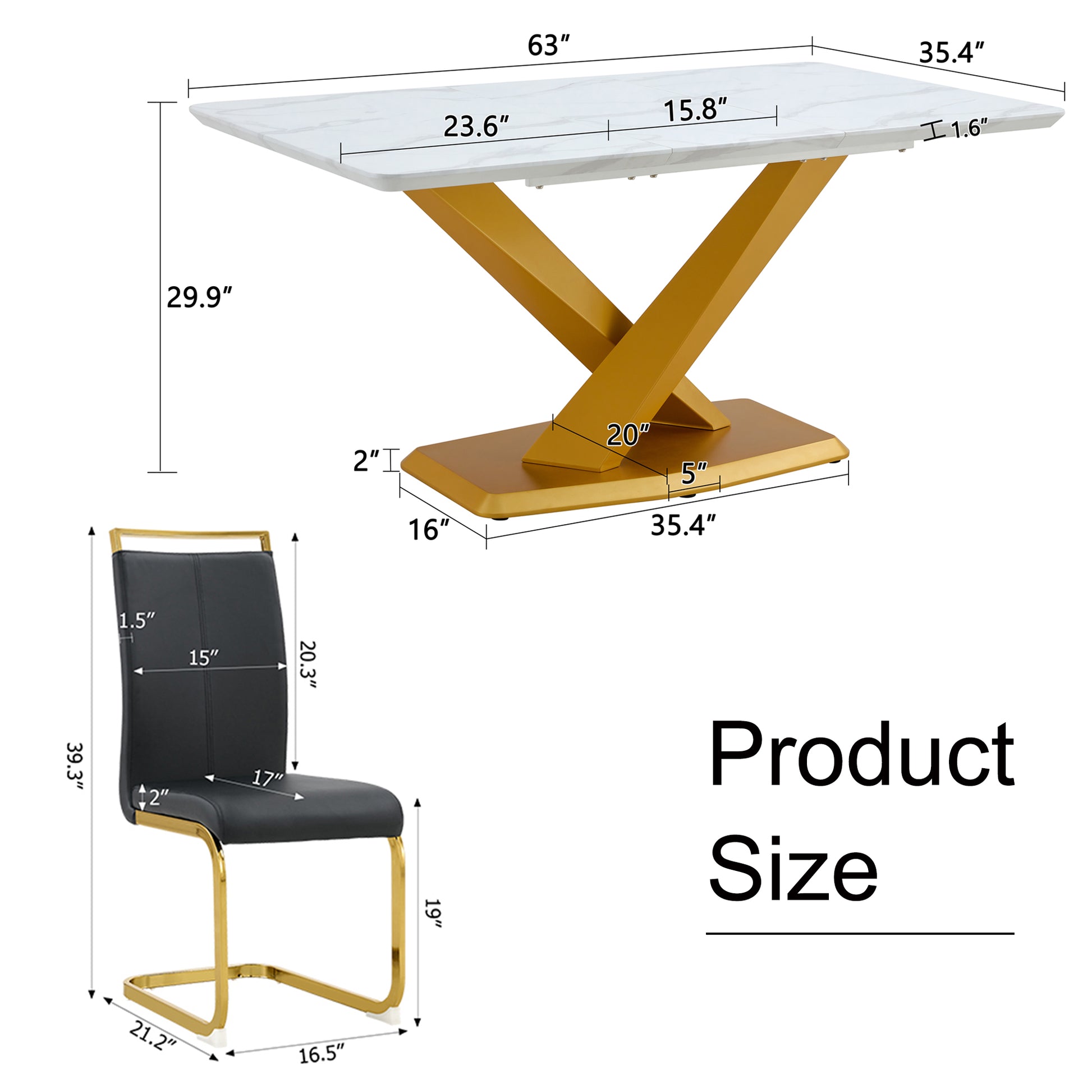 Table And Chair Set, The Table Is Equipped With A Marble Patterned Mdf Tabletop And Gold Table Legs.The Chair Is Equipped With Pu Synthetic Leather High Back Cushion And Gold Coated Metal Legs. Gold Black Seats 6 Mdf Metal