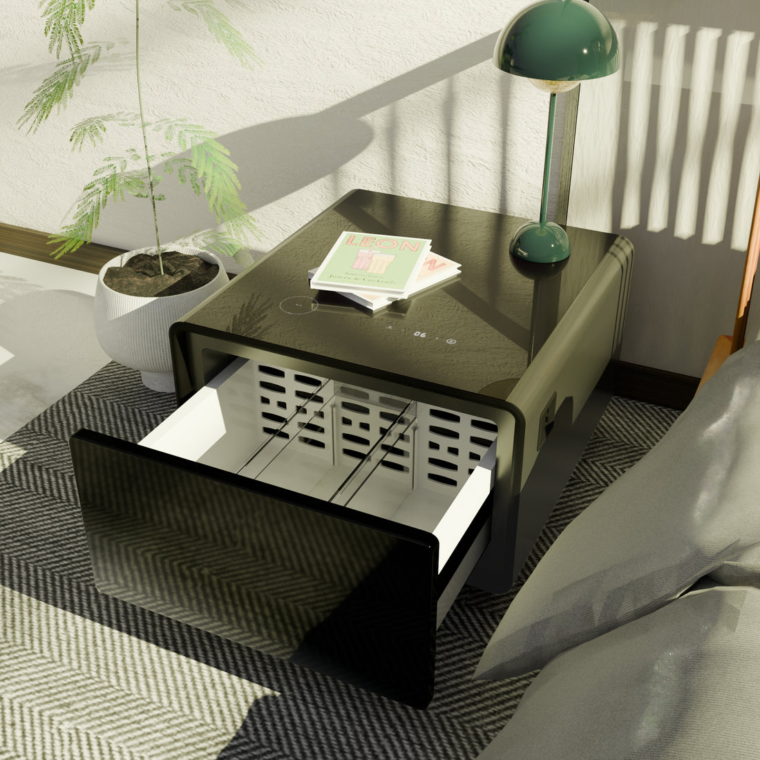 Modern Smart Side Table With Built In Fridge, Wireless Charging, Temperature Control, Power Socket, Usb Ports, Outlet Protection, Induction Light, Black Black Built In Outlets Or Usb Standing Desk Converter Primary Living Space Luxury,Modern Freestanding