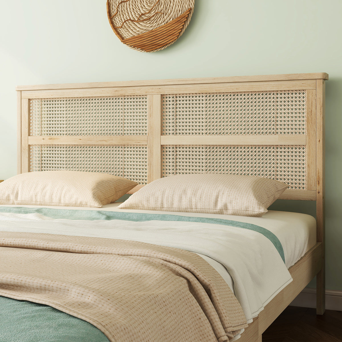 Queen Size Rubber Wooden, Solid Wooden Bed With Rattan Headboard, Enhanced By Support Feet Queen Natural American Design Rubber Wood