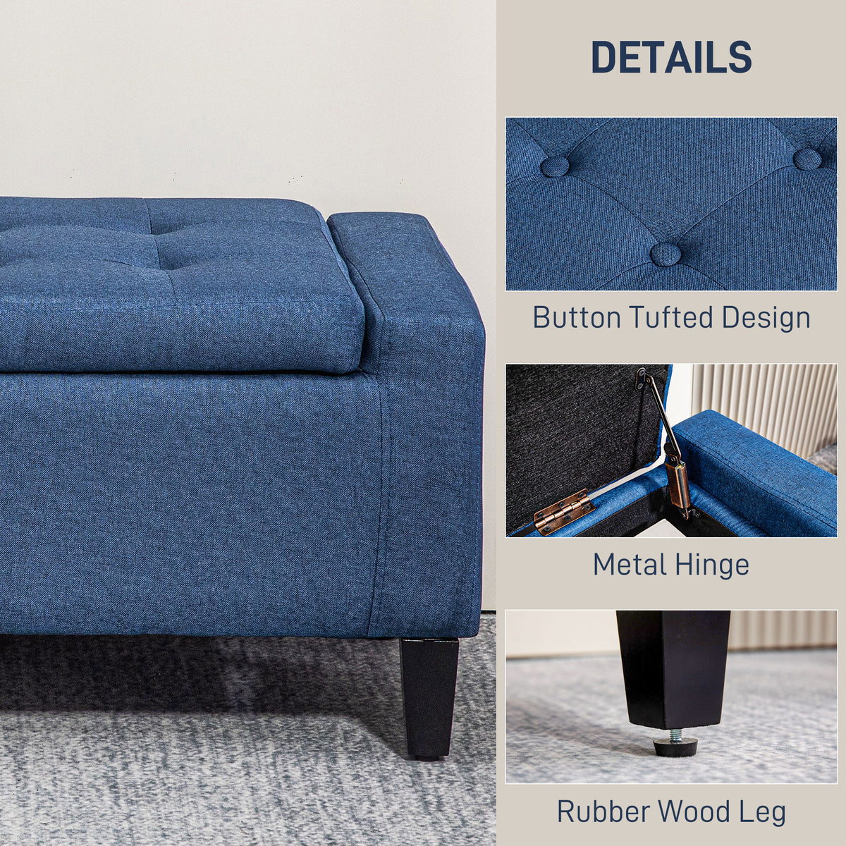 Homcom Storage Ottoman, Linen Upholstered Storage Bench With Lift Top And Button Tufted For Living Room, Dark Blue Blue Polyester