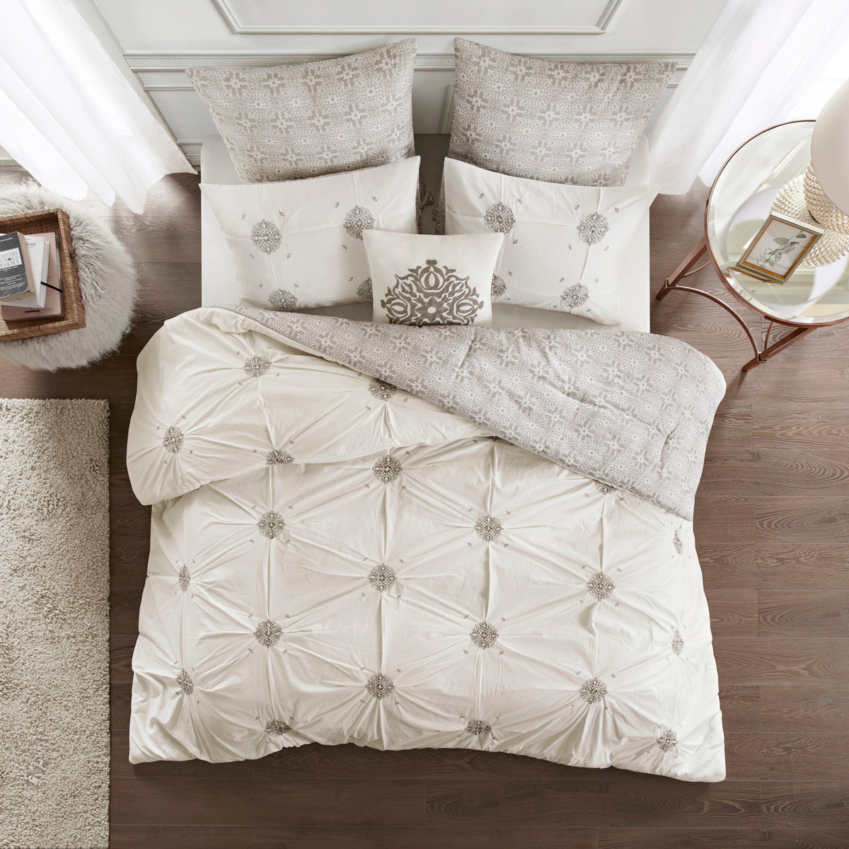 6 Piece Embroidered Cotton Reversible Comforter Set Ivory King Cal King King Ivory Polyester