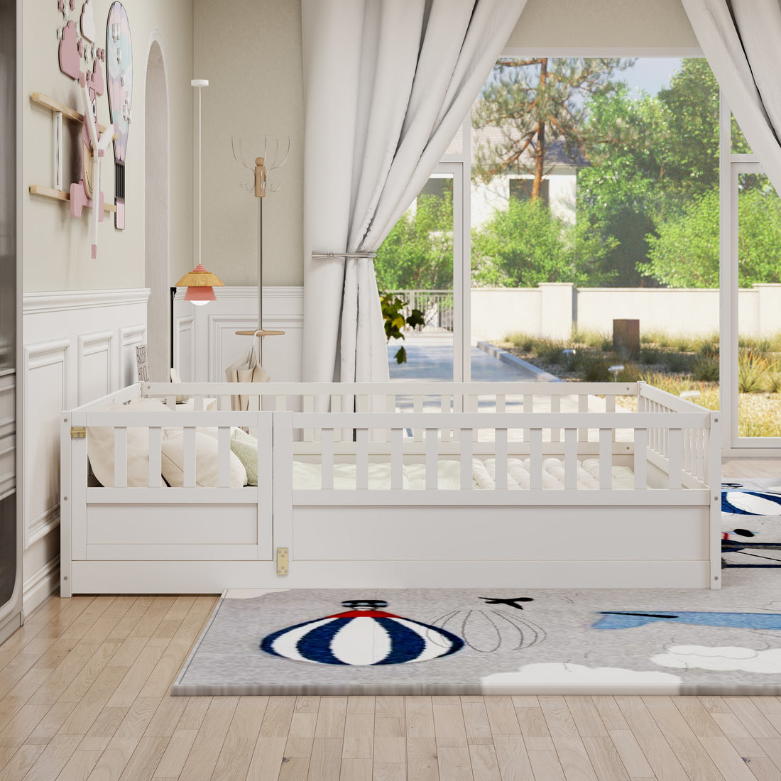 Full Size Floor Bed, Integral Construction With Super High Security Barrier, Door, Children'S Floor Bed Frame, Montessori Wooden Children'S Floor Bed, Support Slat White Box Spring Required Full