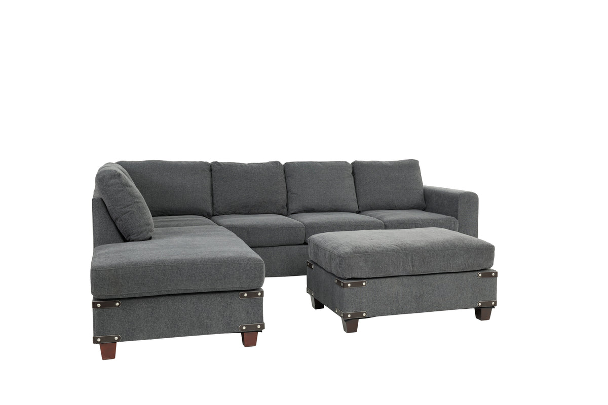 Living Room Furniture Charcoal Chenille Sectional W Ottoman Linen Like Fabric Sofa Reversible L R Chaise Ottoman 3Pc Sectional Sofa Charcoal Chenille Wood Primary Living Space Cushion Back