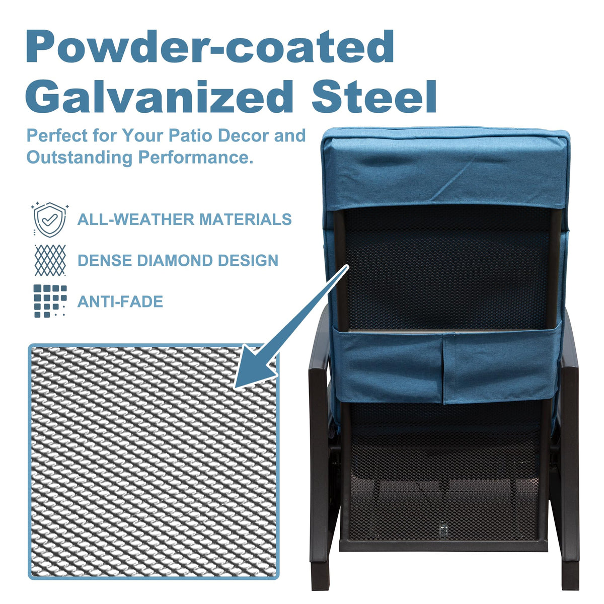 Adjustable Patio Recliner Chair Metal Outdoor Lounge Chair With Flip Table Push Back, Adjustable Angle, 6.8'' Removable Cushions, Support 350Lbs, Navy Blue Yes Blue Garden & Outdoor Metal