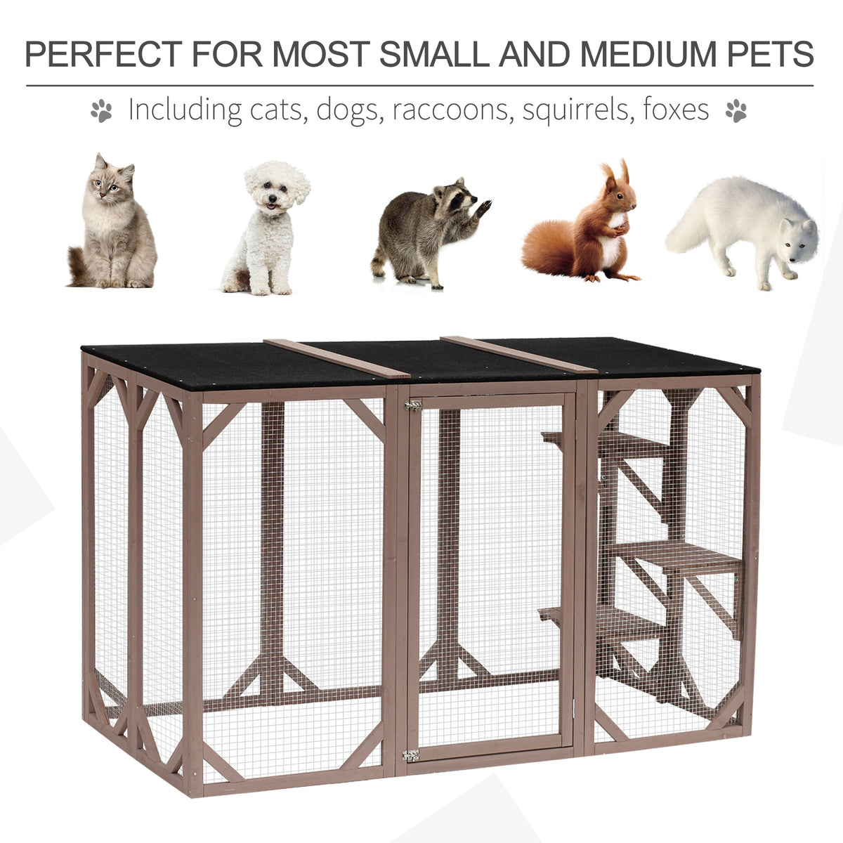 Pawhut Outdoor Cat House, Catio Wooden Feral Cat Shelter, Cat Cage With Platforms, Large Enter Door, Weather Protection Asphalt Roof, 71" L, Brown Brown Wood