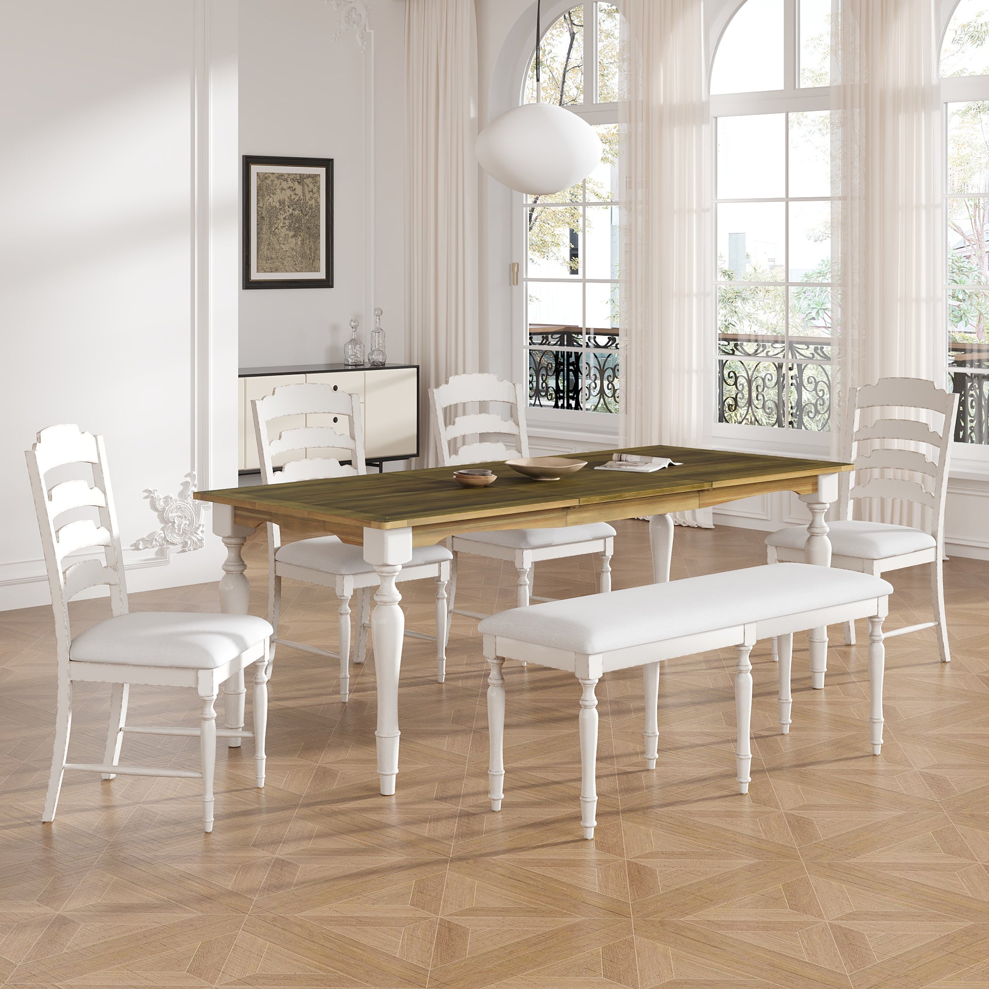 Vintage Traditional 6 Piece 82.7Inch Extendable Dining Table Set With 23.6Inch Removable Leaf, 50.4Inch Upholstered Dining Bench And 4 Chairs For 6, Brown Cream Wood Dining Room Distressed Finish Rubberwood Rectangular Dining Table With Bench Wood Wood