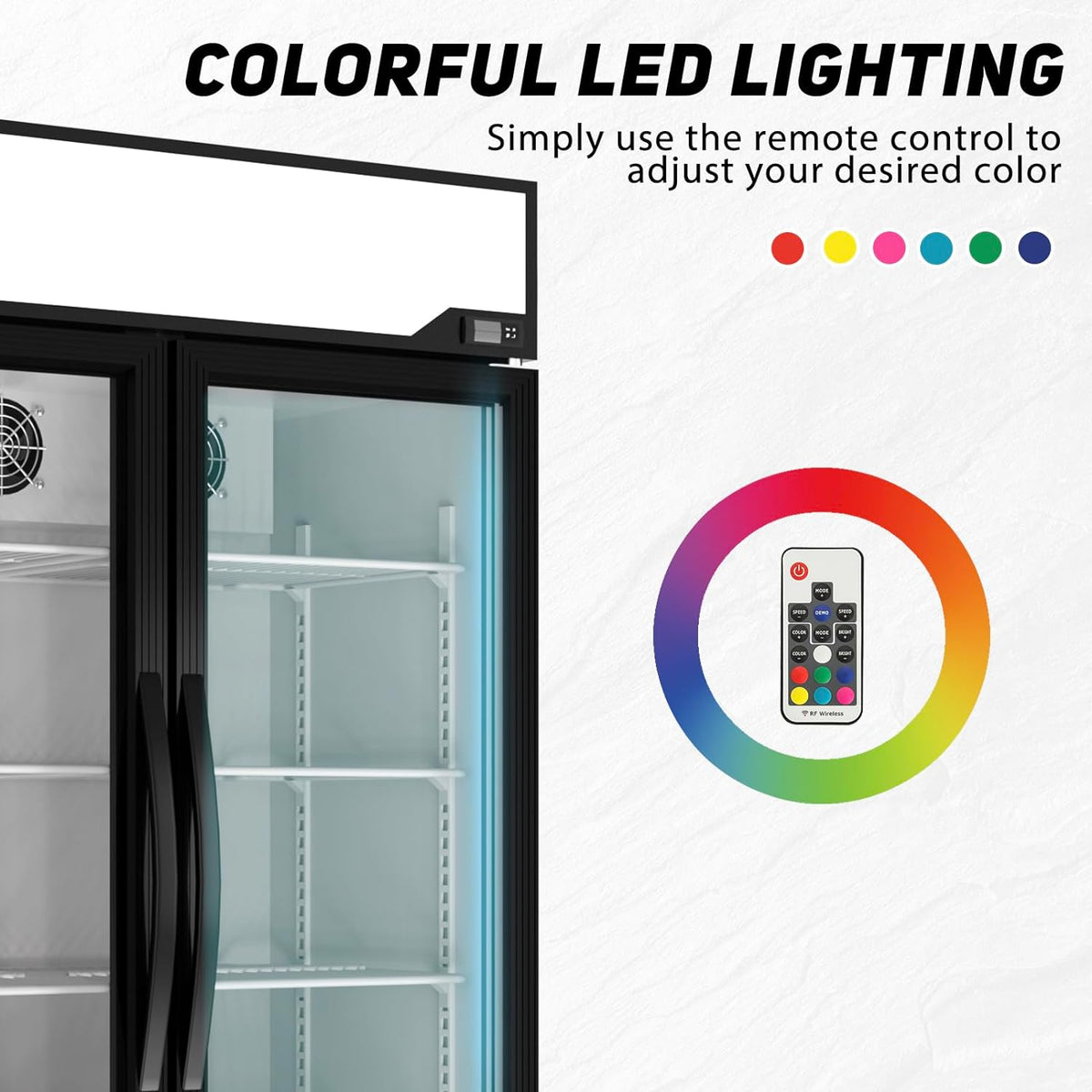 Glass Door Merchandiser Refrigerator 39 Cu.Ft Swing Door Commercial Display Refrigerators Merchandising Refrigeration With Led Top Panel Black Silver Steel