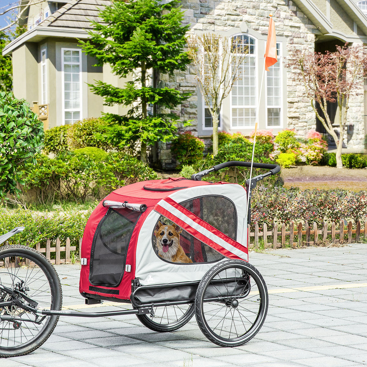 Aosom 2 In 1 Pet Bike Trailer For Small Dogs, Road Visibility Bicycle Stroller, Weather Strong Bike Wagon Trailer Sidecar Attachment, Red Red Steel