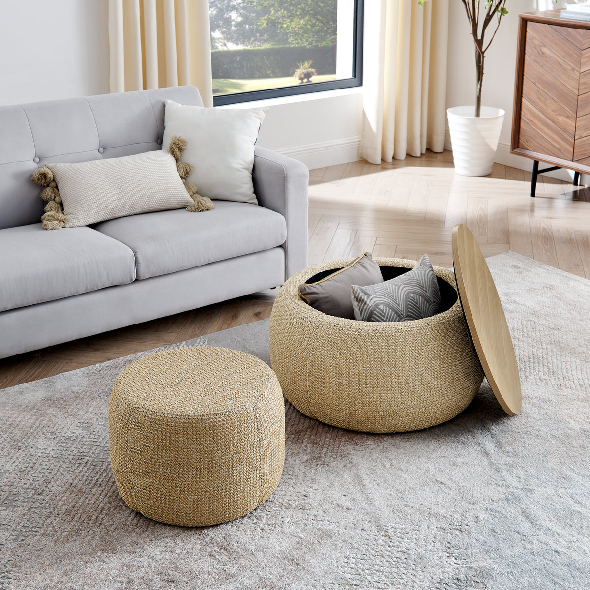 Round Storage Ottoman, Woven Rattan Fabric Ottoman, 2 In 1 Function, Work As End Table And Ottoman,With Small Seat Nature 25"X25"X14.7" Natural Foam