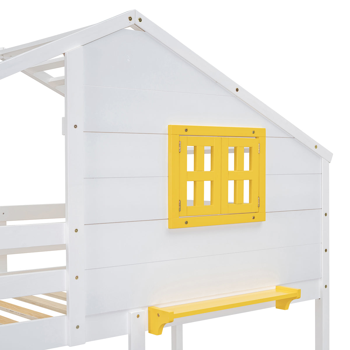 Twin Over Twin Bunk Bed With 2 Drawers, 1 Storage Box, 1 Shelf, Window And Roof White Old Sku:Lt001608Aak Twin White Solid Wood
