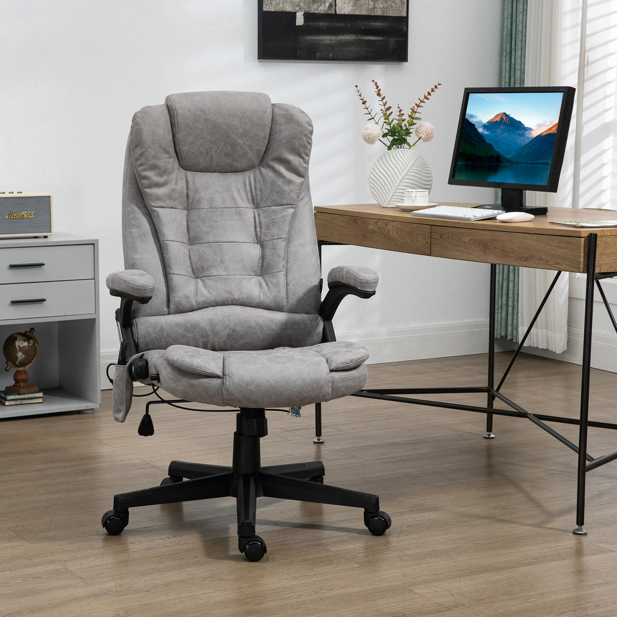 Homcom 6 Point Vibrating Massage Office Chair With Heat, Microfiber High Back Executive Office Chair With Reclining Backrest, Padded Armrests And Remote, Gray Grey Polyester