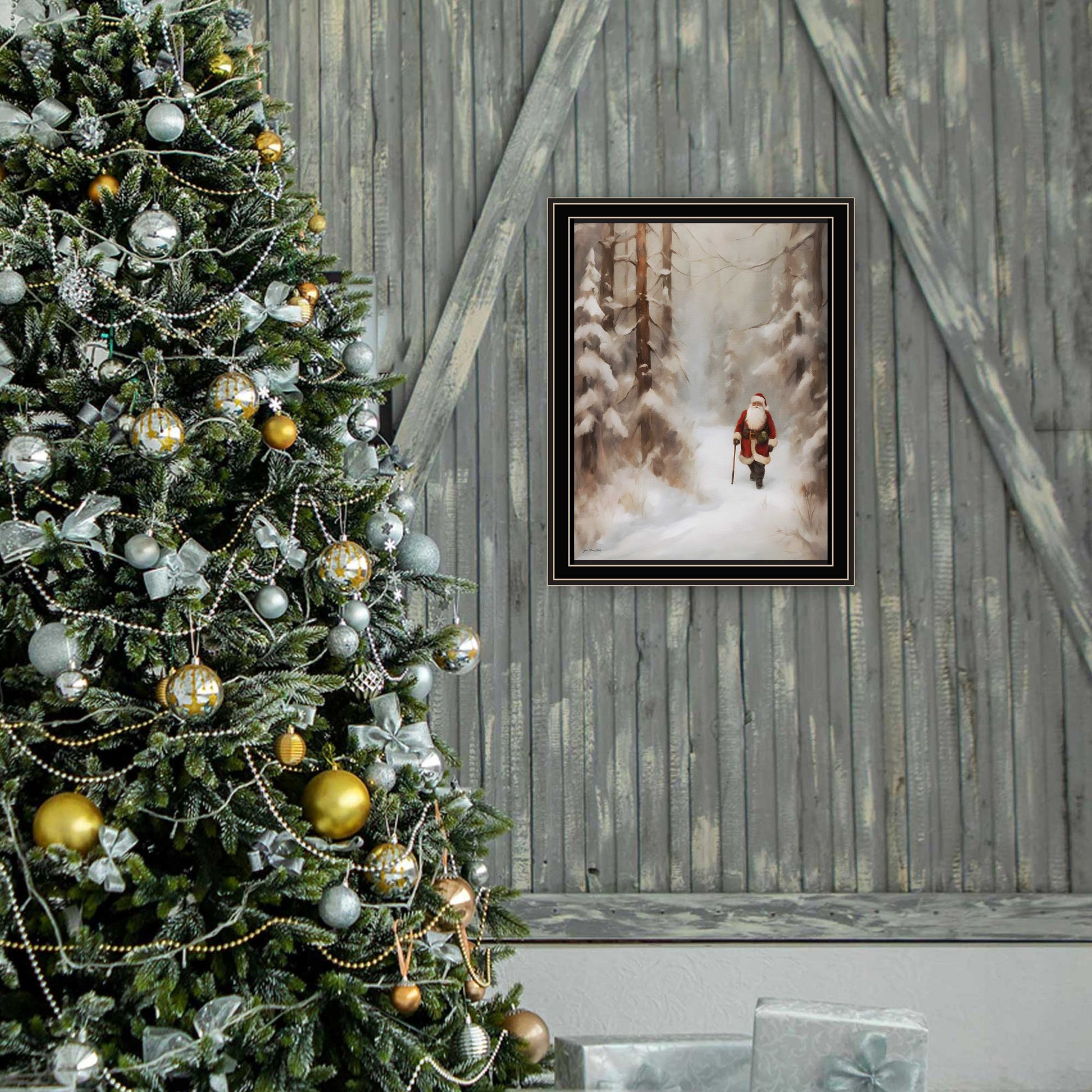 Santa'S Winter Stroll Black Framed Wall Art For Living Room, Holiday Wall Art Print For Home Decor, Bedroom Wall Art By Jo Moulton Multicolor Wood Paper
