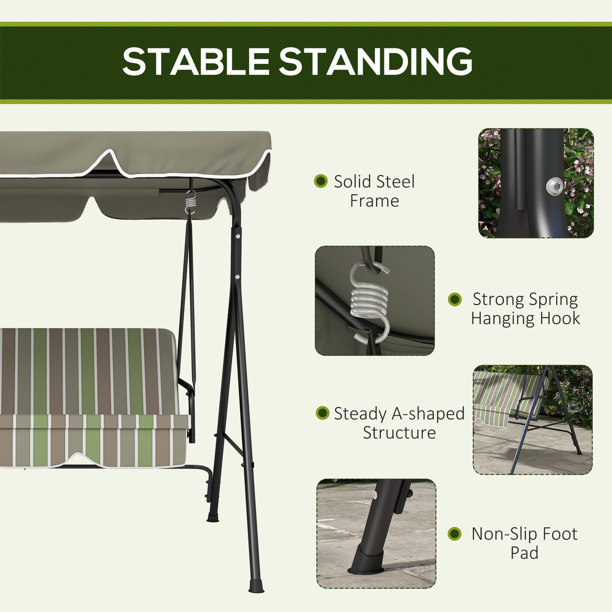 Outsunny 3 Seat Outdoor Patio Swing Chair With Removable Cushion, Steel Frame Stand And Adjustable Tilt Canopy For Patio, Garden, Poolside, Balcony, Backyard, Beige & Green Multicolor Steel