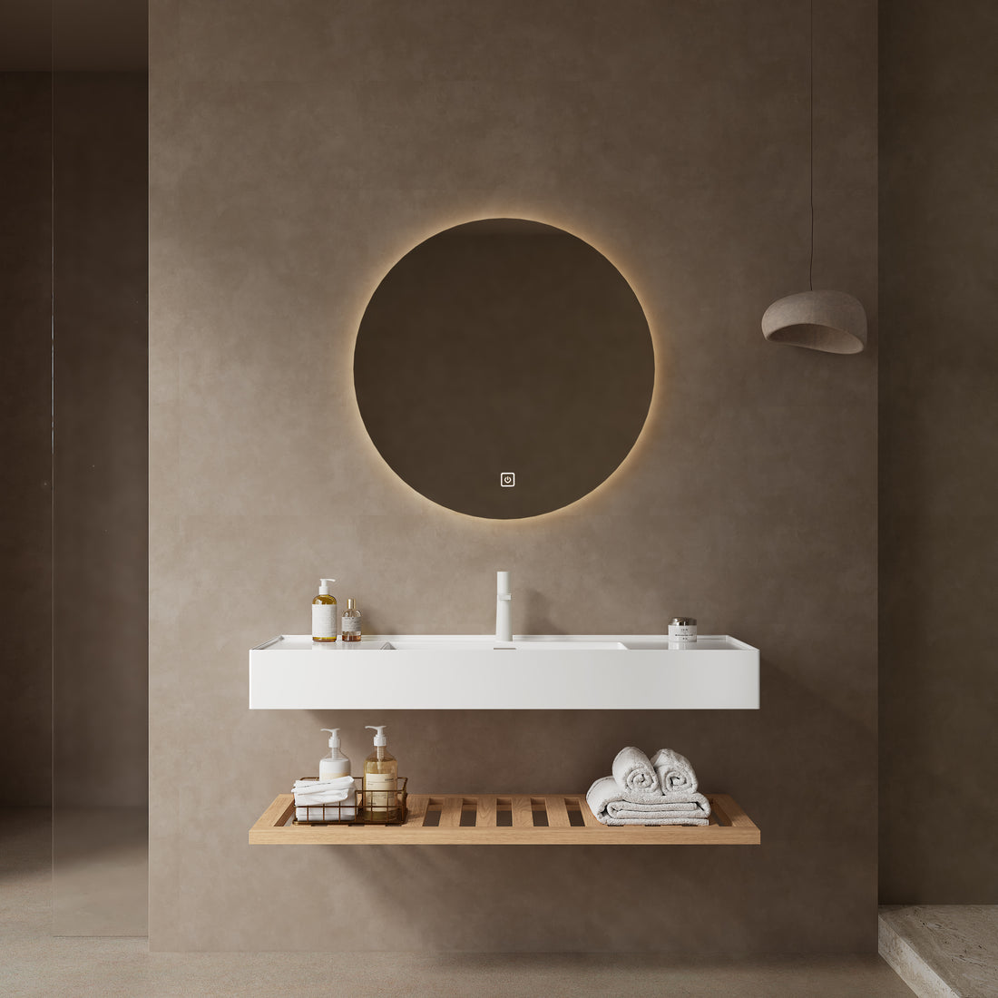 Lede 48" Bathroom Vanity With Vessel Sink, Wall Mounted Floating White Rectangular Acrylic Integrated Basin Without Faucet, Striped Shelves Layer, Natural Wood Natural Wood,White Bathroom