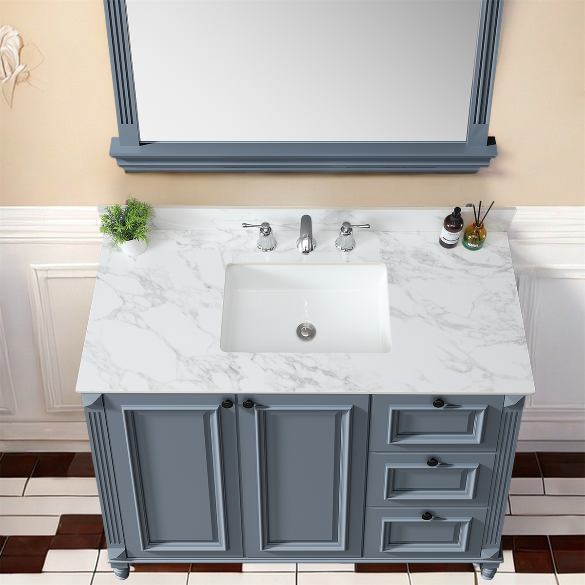 49"X22"Bathroom Vanity Top,Sintered Stone Carra Whitebarthroom Vanity Sink Tops With Rectangular Undermount Ceramic Sink With Vanity Backsplash, Three Faucet Hole Bathroom Vanity Countertop White