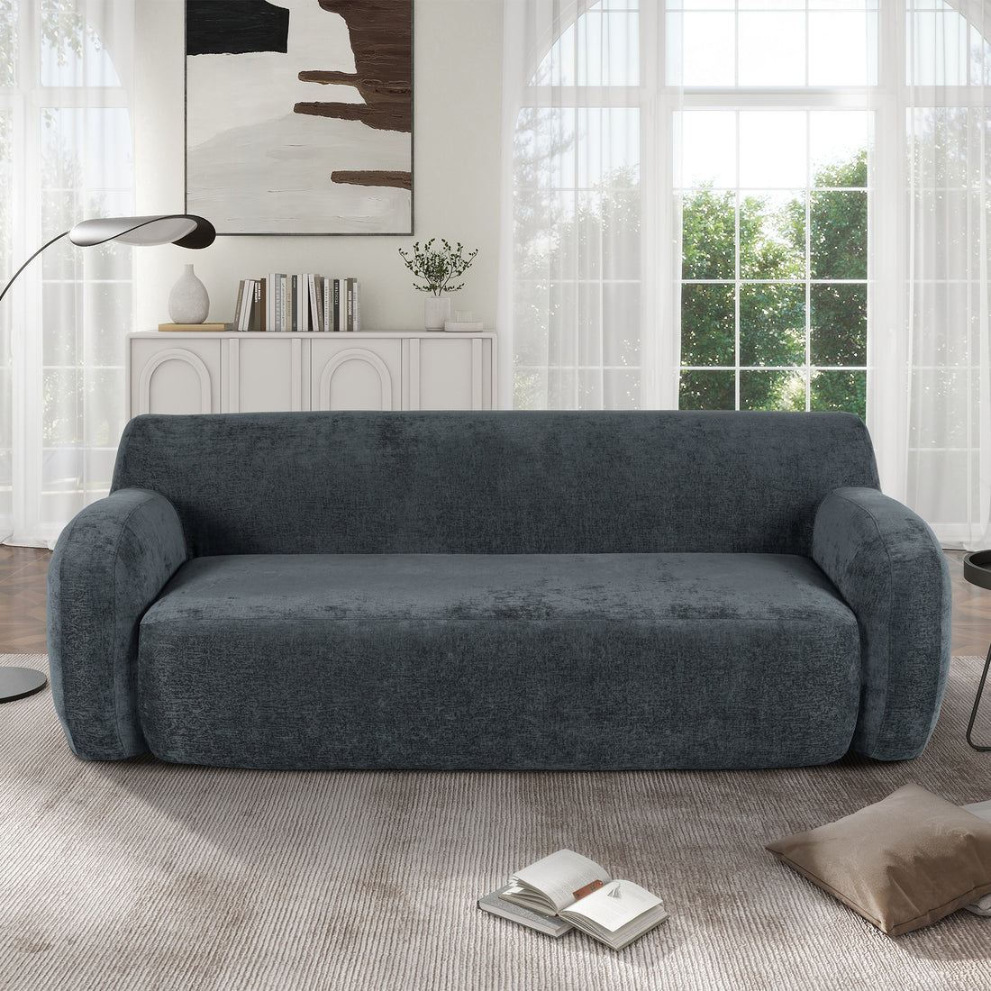 81.5'' Minimalist Curved Upholstered Sofa, 3 Seat Modular Casual Sofa For Living Room, Bedroom, And Apartments Gray Polyester 3 Seat