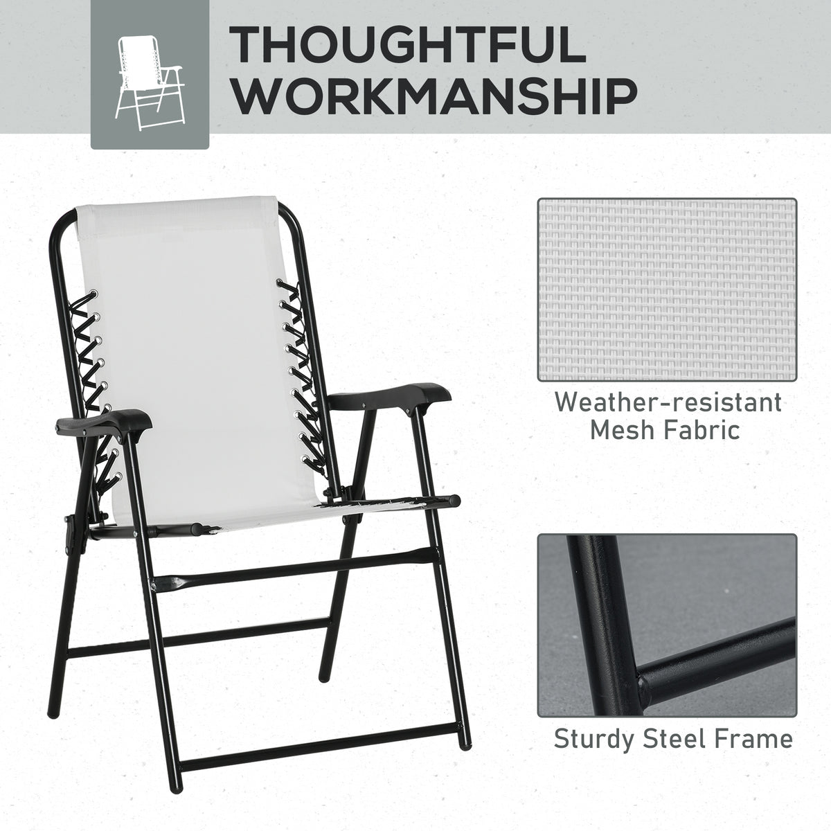 Outsunny Set Of 2 Patio Folding Chairs, Outdoor Bungee Sling Chairs W Armrests, Portable Lawn Chairs For Camping, Garden, Pool, Beach, Backyard, Cream White White Steel