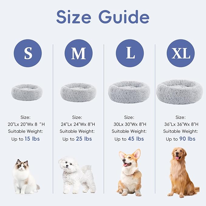 20 Inch Donut Dog Bed, Calming Bed For Dogs, Grey Cat Bed Washable, Round Dog Donut Bed Washable, Plush Fur Dog Bed, Dog Cuddle Bed Grey Faux Fur