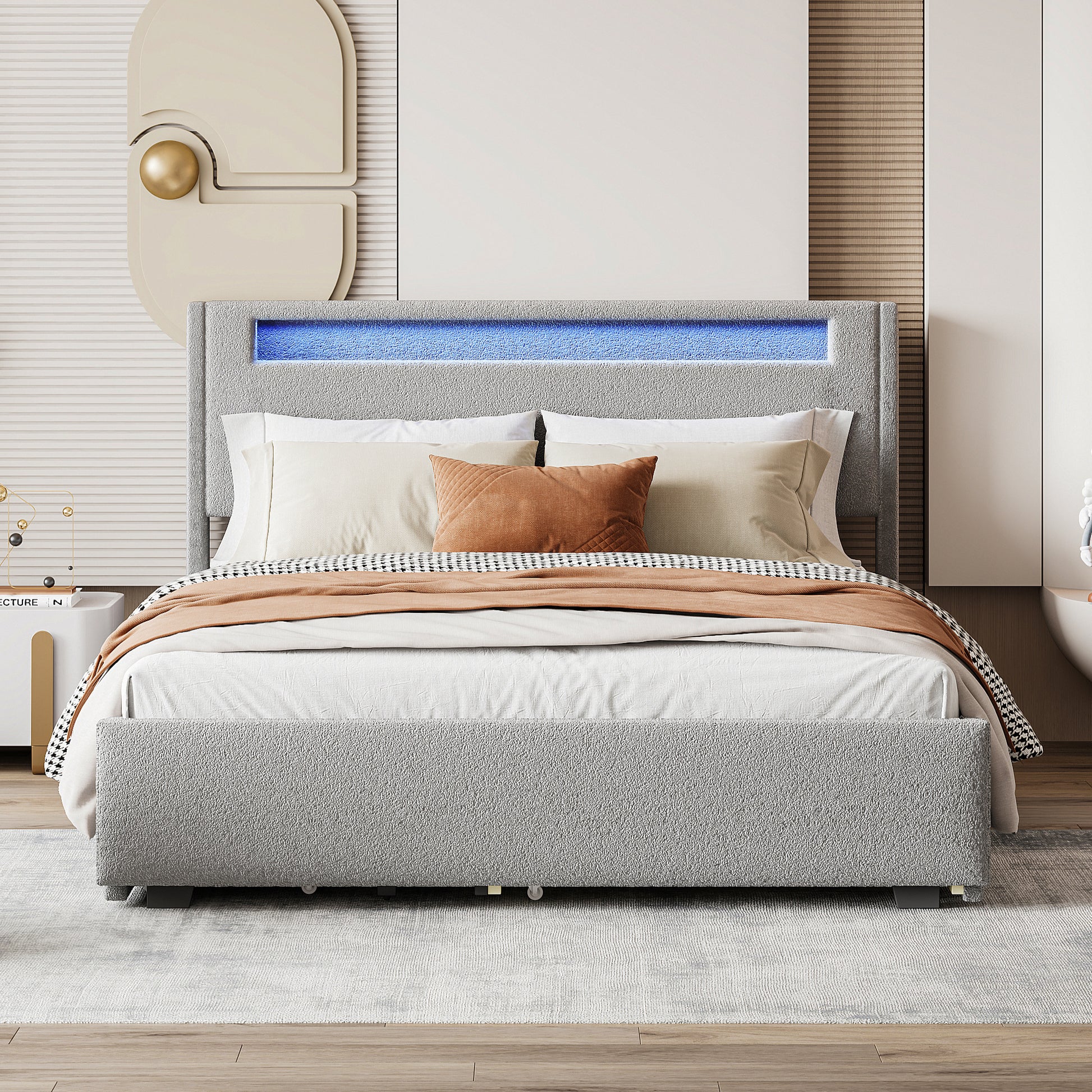 Queen Size Upholstered Platform Bed With Led Frame, With Twin Xl Size Trundle And 2 Drawers, Teddy Fleece, Gray Gray Fleece