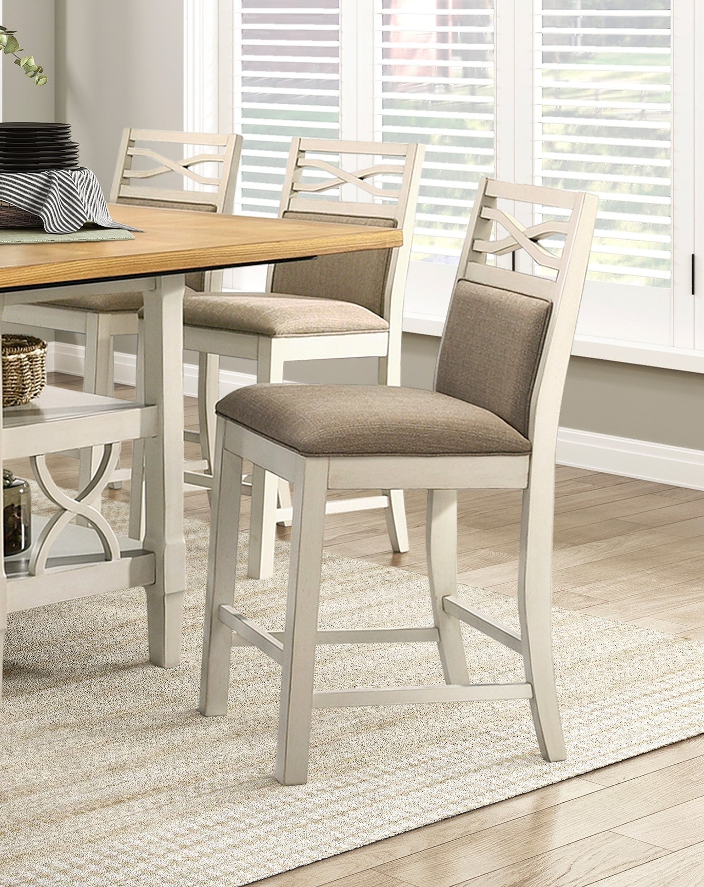 7Pc Dining Set Counter Height Table Base With 2 Shelves, 6 Upholstered Counter Height Chairs Light Oak And Gray Finish Casual Country Style Dining Wooden Kitchen Furniture Gray,Light Oak Seats 6 Dining Room Rectangular Wood