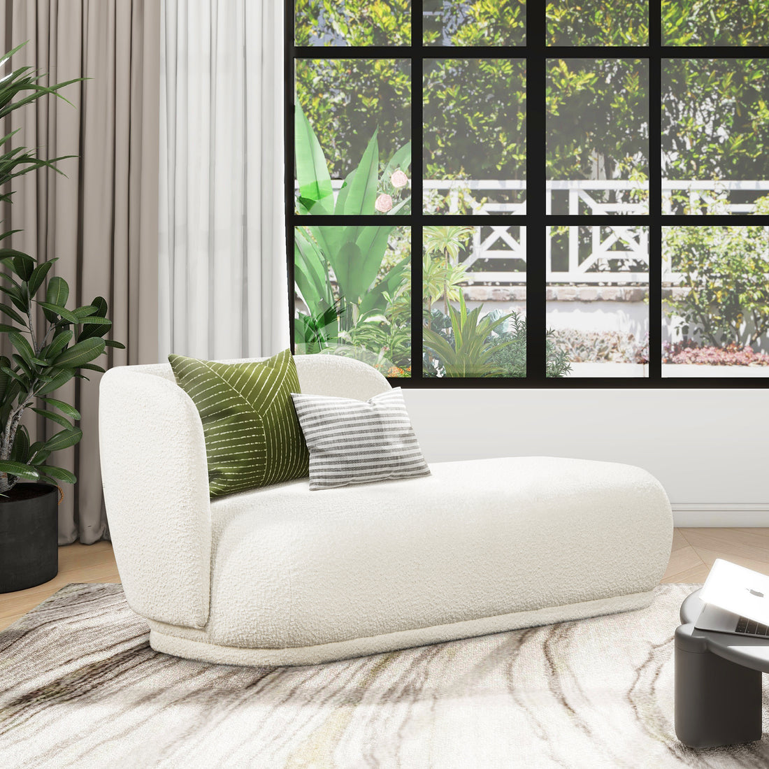 Aire 75" Raf Modern Rounded Chaise Lounge, Ivory White Boucle White Foam Boucle