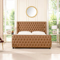 Brooklyn King Tufted Panel Bed Headboard And Footboard Set, Caramel Tan Brown Faux Leather Box Spring Required King Tan Brown Wood Foam Faux Leather Faux Leather