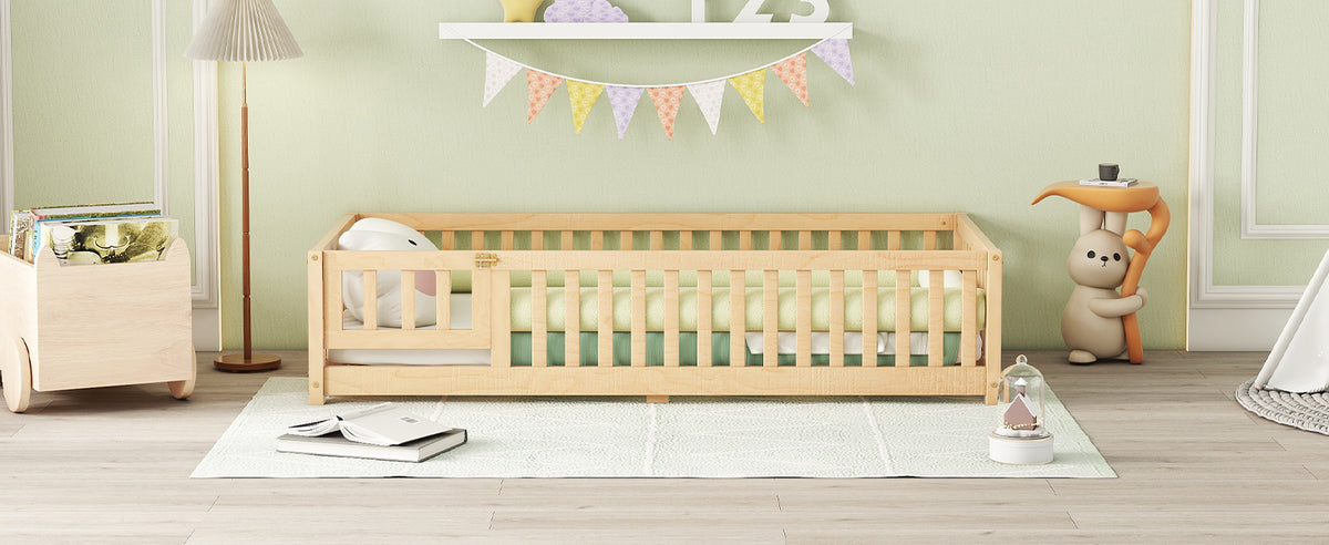 Twin Size Bed Floor Bed With Safety Guardrails And Door For Kids, Natural Old Sku: W158090686 Twin Natural Pine