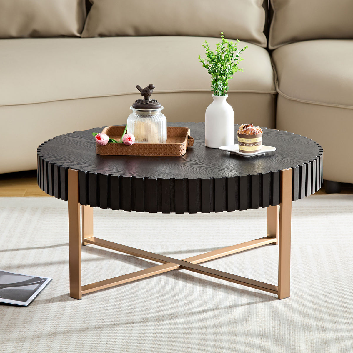Modern Handcraft Drum Coffee Table 31.5 Inch Round Coffee Table For Living Room,Small Coffee Table With Sturdy Pedestal,Black Matt Black Mdf Metal