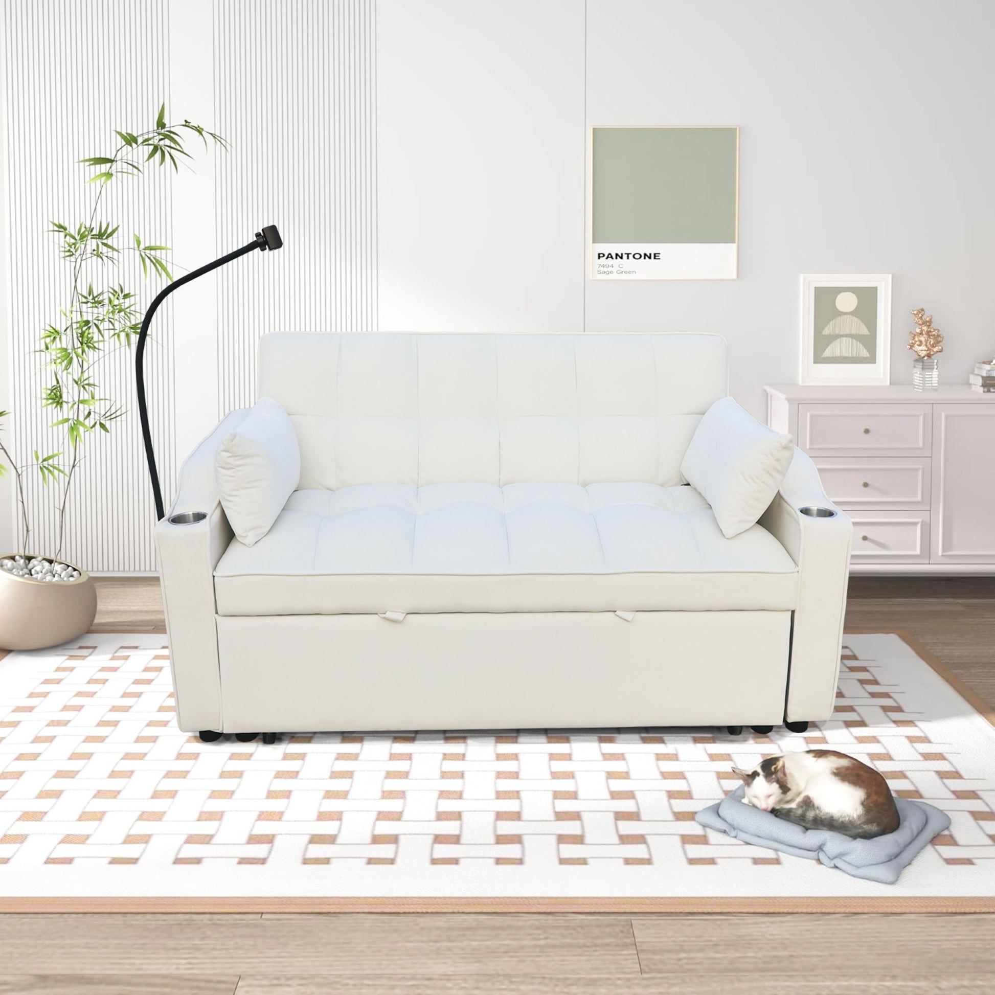 Modern Velvet Loveseat Futon Sofa Couch W Pullout Bed,Small Beautiful Seat Lounge Sofa With Adjustable Reclining Backrest,Toss Pillows, Pockets,Furniture For Living Room,3 In 1 Convertible Sleeper Sofa Bed Full Beige Velvet