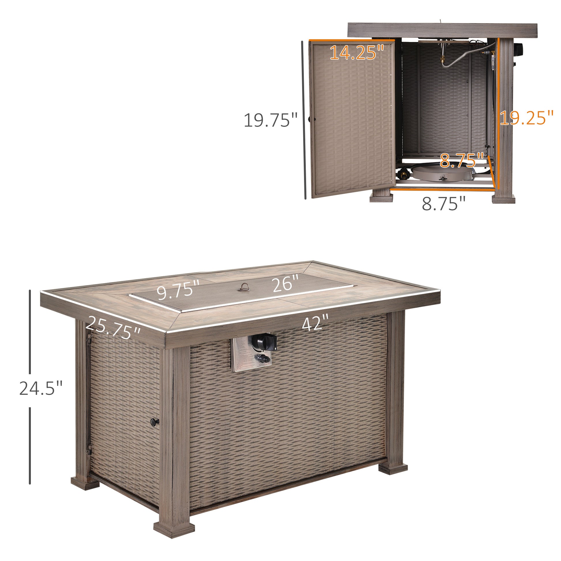 Outsunny 42" Propane Fire Pit Table, 50,000 Btu Wicker Effect Auto Ignition Gas Fireplace Fire Pits With Ceramic Tabletop, Steel Base, Lid, Lava Rocks And Cover, Csa Certification, Grey Gray Steel