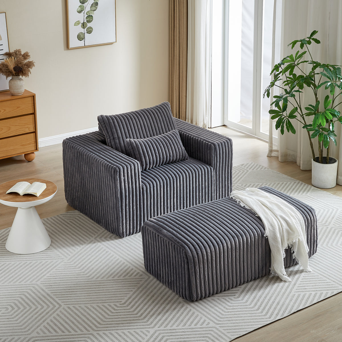 62.5 Inch Corduroy Sponge Sofa Lounge Chair With Removable Footrest,No Assembly Required,Fluffy Modern Sleeper Chair For Indoor Living Room Bedroom Grey Foam Corduroy 1 Seat