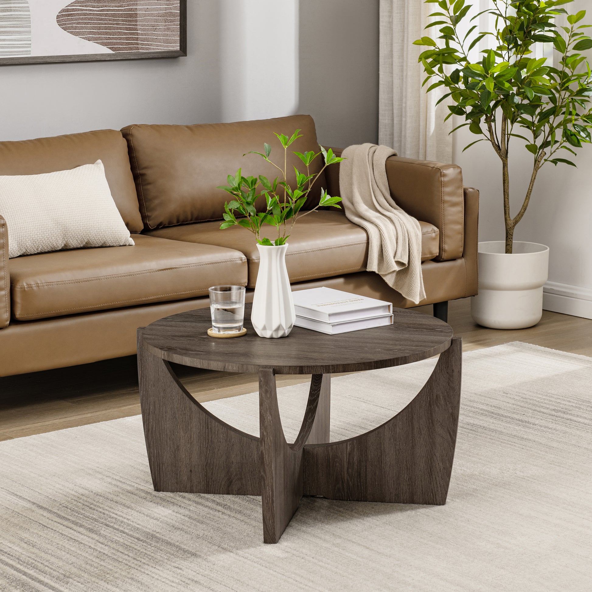 Contemporary Open Arch Base Round Coffee Table Cerused Ash Dark Gray Mdf Mdf