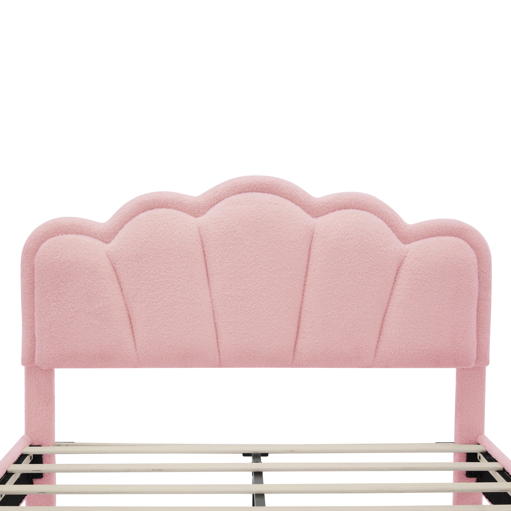 Full Size Upholstered Flower Shape Bed, Elegant Flowers Headboard With Led Light Strip ,Sherpa Fabric Platform Bed With Wooden Slats Support, Pink Full Pink Wood