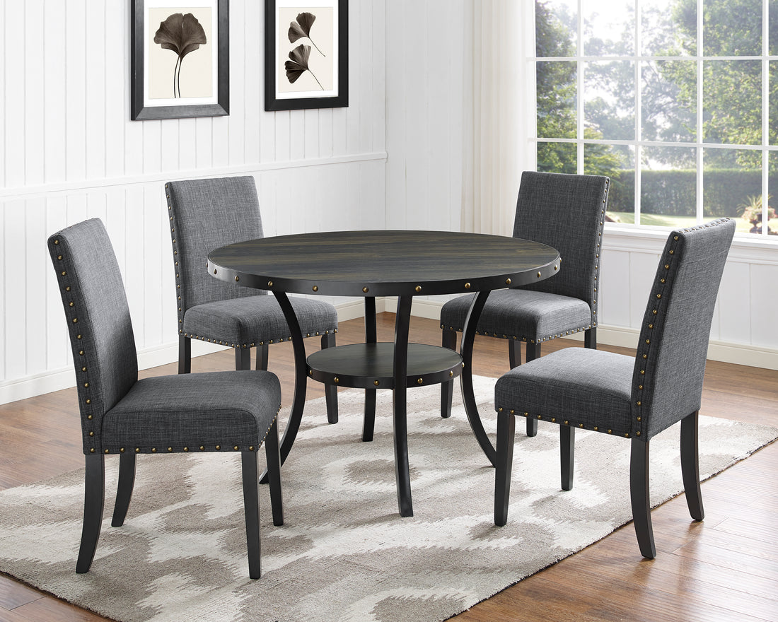 Biony Espresso Wood Dining Set With Gray Fabric Chairs Wood Dining Room Fixed Table Rubberwood Round Dining Table With Chair Wood Wood Black Gray Seats 4 48 Inches Round 4 Leg Solid Wood