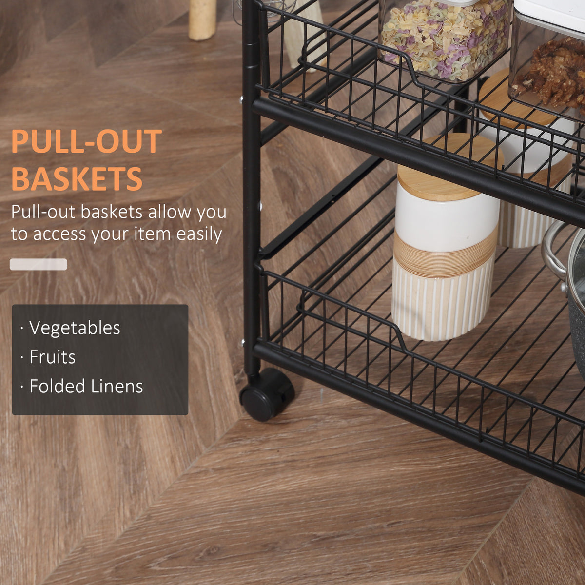 Homcom 3 Tier Rolling Kitchen Cart With Storage, Kitchen Island Cart On Wheels With 2 Sliding Fruit Basket, Microwave Cart With Side Hooks For Dining Room, Walnut Walnut Mdf Metal