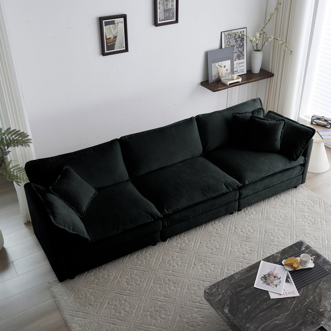 Mid Century Modern Couch 3 Seater Sofa With 2 Armrest Pillows And 3 Toss Pillows, Couch For Living Room Black Chenille Black Chenille 3 Seat