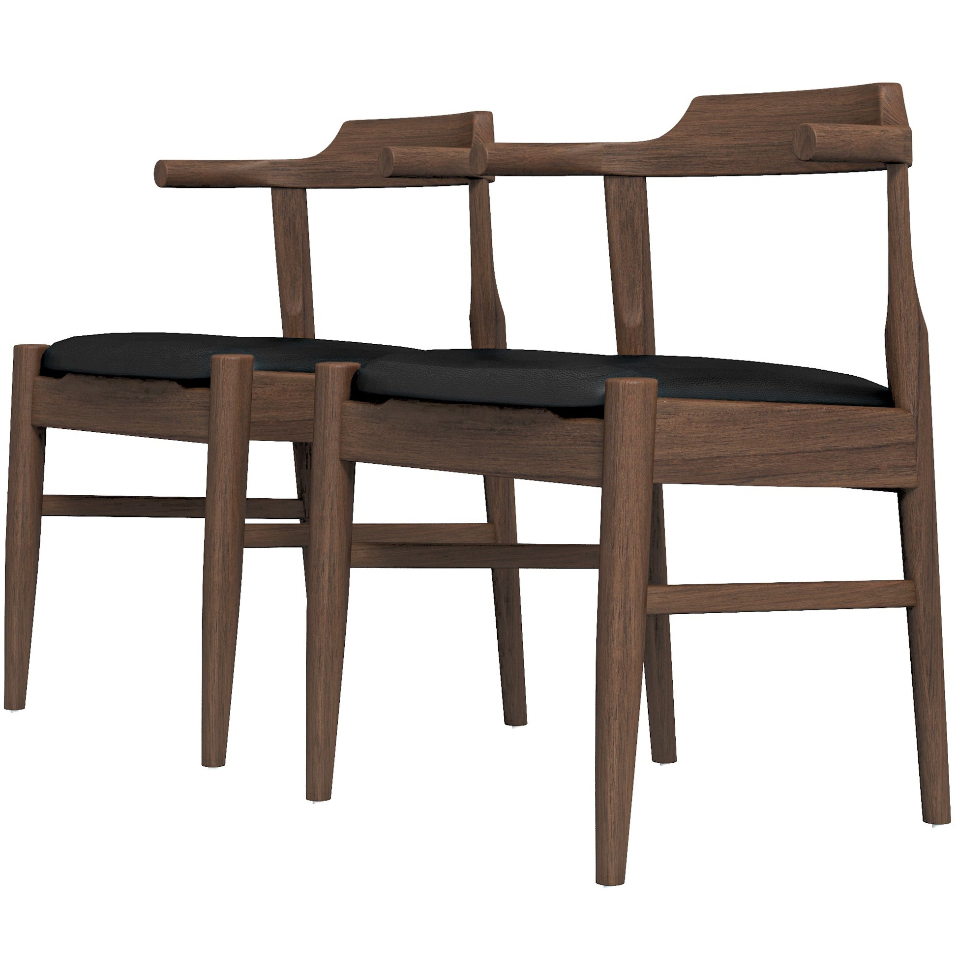 Leon Mid Century Modern Leather Dining Chair Set Of 2 Black,Wood Brown Dining Room Genuine Leather,Solid Wood