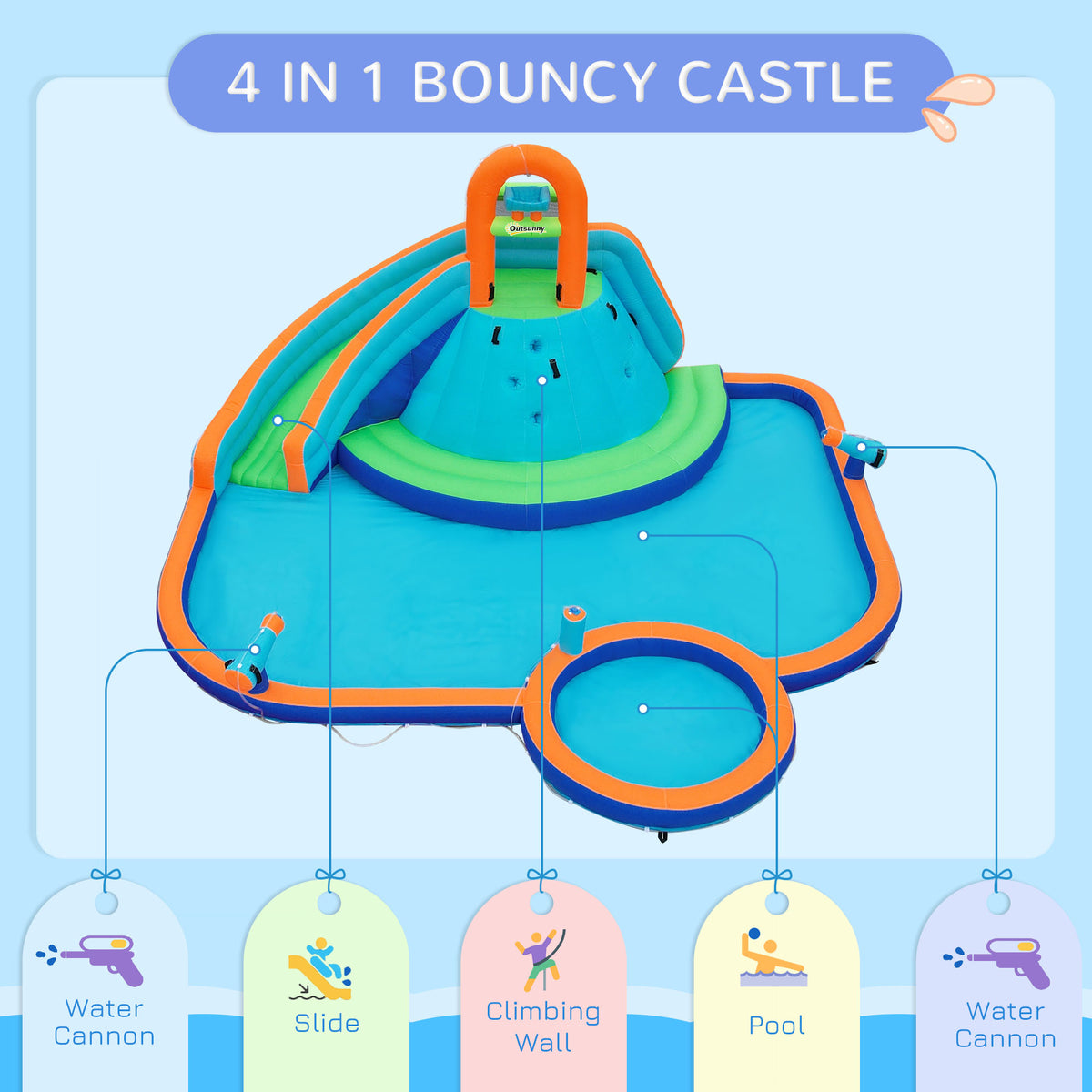 Outsunny Kids Inflatable Water Slide 4 In 1 Bounce House Water Park Jumping Castle With Water Pool, Slide, Climbing Walls, & 2 Water Cannons, 450W Air Blower Multicolor Oxford Fabric
