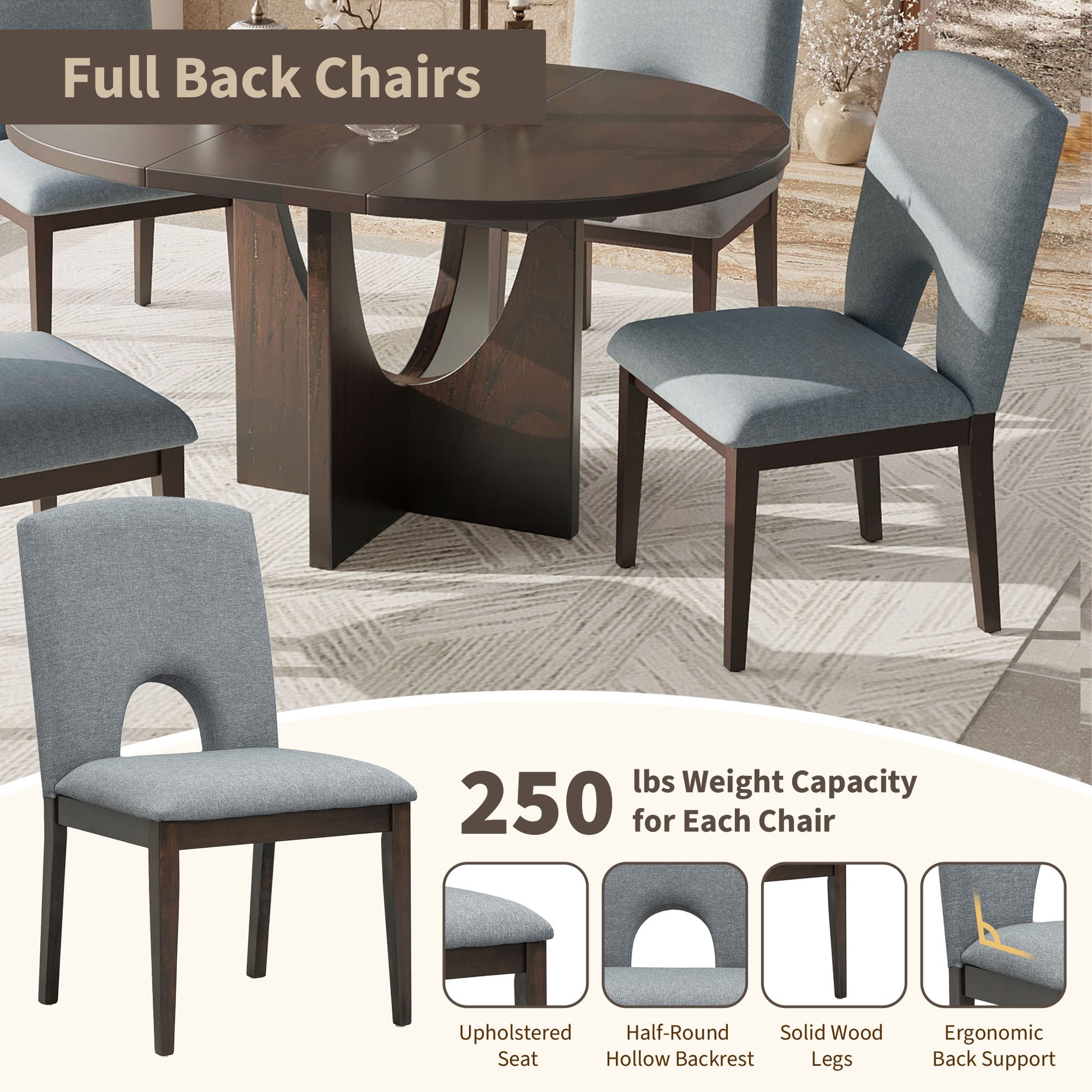 Modern 5 Piece Extendable Round Dining Table Set With 16.2Inch Removable Leaf For Small Places, Espresso Gray Wood Dining Room Solid Wood Rubberwood Round Dining Table With Chair Upholstered Chair Wood Espresso Seats 4 Removable Leaf Contemporary Round