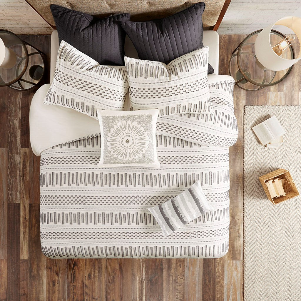 Cotton Jacquard Comforter Mini Set Ivory Charcoal Full Queen Queen Ivory Charcoal Cotton