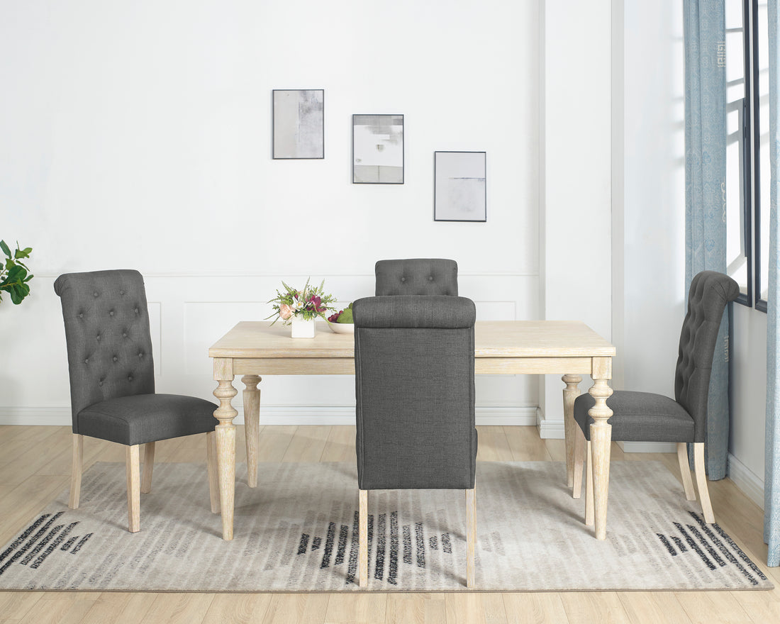 Amonia 5 Piece Dining Set, Turned Leg Dining Table With 4 Tufted Chairs Light Brown Wood Dining Room Fixed Table Rubberwood Rectangular Dining Table With Chair Wood Wood Beige Brown Seats 4 Rectangular 4 Leg Mdf