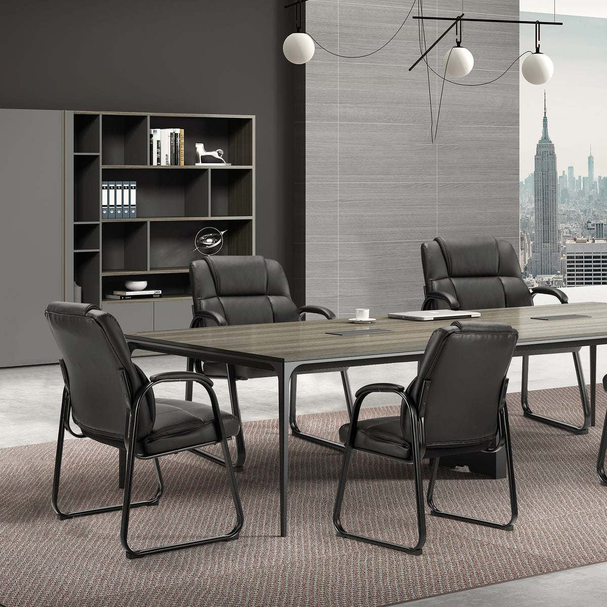 Leather Office Guest Chair No Wheels, Comfy Padded Arms And Seld Base, For Reception Conference Room Black Stainless Steel