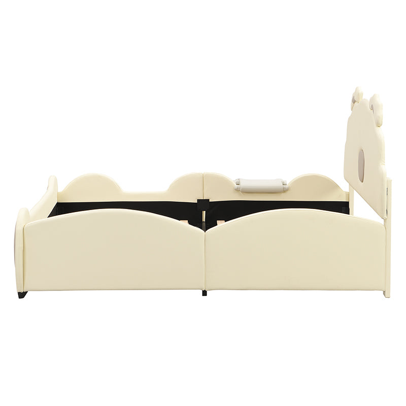 Full Size Upholstered Platform Bed With Piglet Shape Headboard And Children'S Slide, Beige Box Spring Not Required Full Beige Wood Bedroom Bed Frame Faux Leather Upholstered