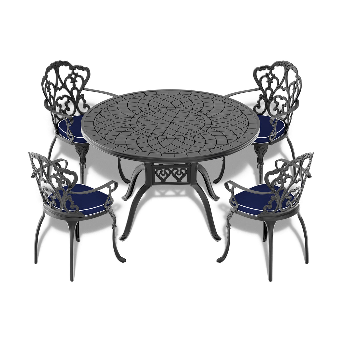 Cushions In Random Colors 5 Piece Set Of Cast Aluminum Patio Furniture With Cushions Yes Dining Set Black Seats 4 Rust Resistant Frame Water Resistant Cushion Garden & Outdoor Complete Patio Sets Aluminium
